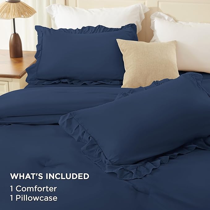 Andency Navy Blue Twin Size Comforter Set (66x90Inch), 2 Pieces Fluffy Shabby Chic Ruffle Bedding Comforter Sets, All Season Soft Lightweight Polyester Bedding Set for Kids, College Dorm