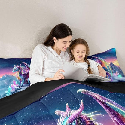 Feelyou Dragon Kids Comforter Set Twin Size Dragon Stuff Bedding Set Wild Life Duvet Quilt for Kids Boys Girls Bedroom Magic Wildlife Decor Purple Bluish Microfiber Ultra Soft Breathable