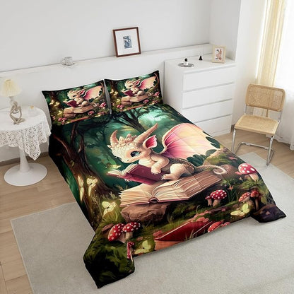 Magical Dragon Wildlife Comforter Set King Size Childlike Fairy Tale Bedding Set Kids Bedroom Decor Cute Jungle Mushroom All Season Quilt Set Sparkling Butterfly Bedding Comforter Sets,3Pcs