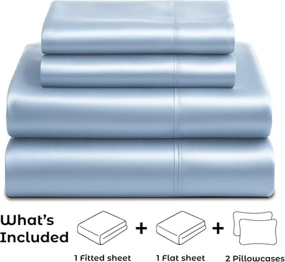 Satin Sheets Queen [4-Piece, Baby Blue] Hotel Luxury Silky Bed Sheets - Extra Soft 1800 Microfiber Sheet Set, Wrinkle, Fade, Stain Resistant - Deep Pocket Fitted Sheet, Flat Sheet, Pillow Cases