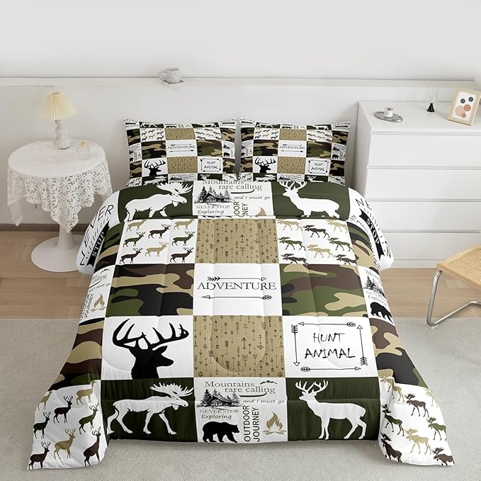 Grid Comforter Set King Size for Kids Teens Boys Room Decor,Camo Deer Antler Arrows Bedding Set Outdoor Adventure Quilt Set Bear Elk Animal Duvet Insert with 2 Pillowcases,Army Green White