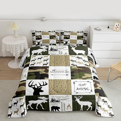 Grid Comforter Set King Size for Kids Teens Boys Room Decor,Camo Deer Antler Arrows Bedding Set Outdoor Adventure Quilt Set Bear Elk Animal Duvet Insert with 2 Pillowcases,Army Green White