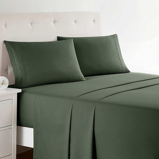 Clara Clark Full XL Bed Sheet Set - Wrinkle, Fade, Stain Resistant, Deep Pocket Sheets - Luxury Soft Bedding Sheets & Pillowcases, Full XL Olive Green