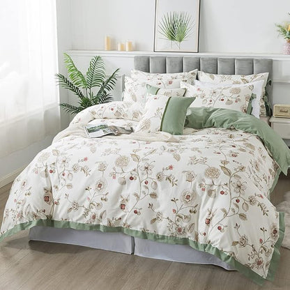 FADFAY Floral Bedding Set Queen 100% Cotton Shabby and Chic Beige Green Reversible Duvet Cover Vintage Pink Flower Print Bed Covers Luxury Girls Pretty Bowknot Soft Crisp Zipper Comforter Cover 3Pcs