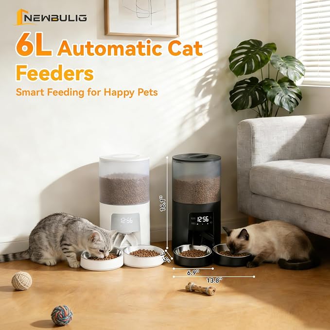 NEWBULIG Automatic Cat Feeder for 2 Cats, 6L Timed Pet Feeders, Black | Dual Bowls, 25.3 Cups, 10s Voice Recorder, Dog Food Dispenser for Dry Food, 6 Meals/Day, 50 Portions/Meal, Dual Power Supply