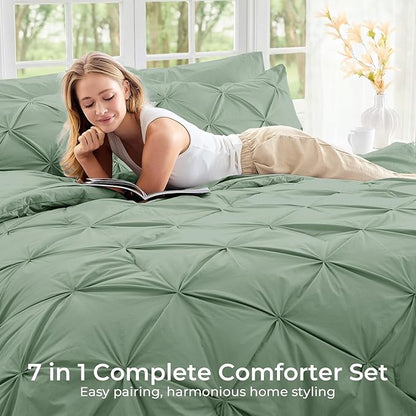 Sasttie California King Comforter Set, 7-Piece Bed in a Bag Cal King, Pintuck Bedding Set for All Season, Includes Comforter, Flat Sheet, Fitted Sheet, Pillowcases and Pillowshams, Sage Green