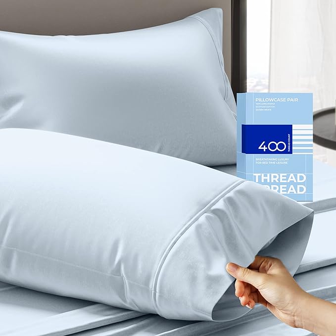 THREAD SPREAD 100% Cotton Pillow Cases Queen Size Set of 2 - Luxury 400 Thread Count Queen Pillow Cases (Light Blue), Soft Cooling Breathable Hotel Quality Cotton Pillowcases, Fits Standard Pillows