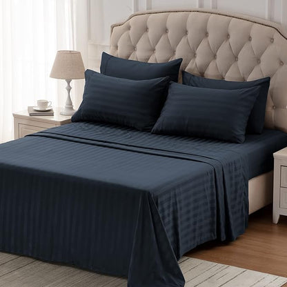 SLEEP ZONE Striped Cooling Queen Sheets Set - Fitted Flat Sheet & Pillowcase Sets 4 Piece - Super Soft Stripe Bed Sheet, Easy Care, Deep Pocket (Navy Blue, Queen)