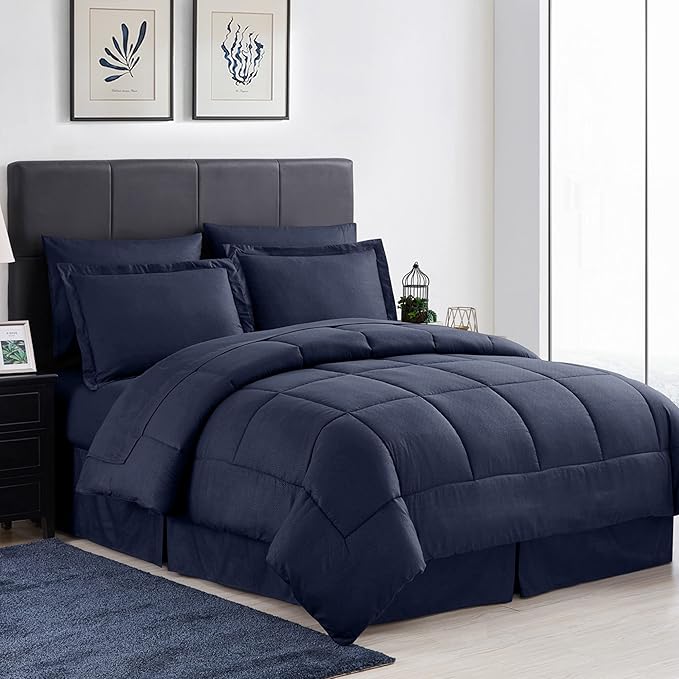 Sweet Home Collection King Size Greek Key Navy 8 Piece Bedding Set - Smooth Piped Edging, Sewn-Through Construction, Overfilled for