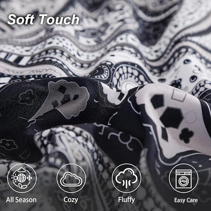DJY Black Paisley Comforter Set King Size, 7 Piece Bed in a Bag Black Gray Boho Paisley Pattern Comforter Set, Soft Lightweight Microfiber Reversible Bedding Set for All Season (104''x90'')
