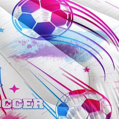 Ball Games Bedding Football Queen Comforter Set,Pink and Blue Soccers Stars Bedding Set for Kids Girls Boys Room Decor,Sports on The Court Aesthetic Bedding Sets with 2 Pillowcases.