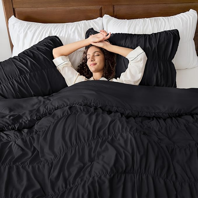 Andency Ruched Black Full Size Comforter Sets, Shabby Chic Pleatd Bedding Sets 3 Pieces, Lightweight Soft Boho Ruffle Bed Set for Girls, Kids, Women, All Season