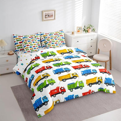 Colorful Garbage Truck Comforter Set 7 Pcs Trash Trucks Decorative Bedding Sets Cartoon Car Recycling Truck Bed in a Bag with Comforter Flat Sheet Fitted Sheet 2 Pillowcases 2 Pillow Covers,Full