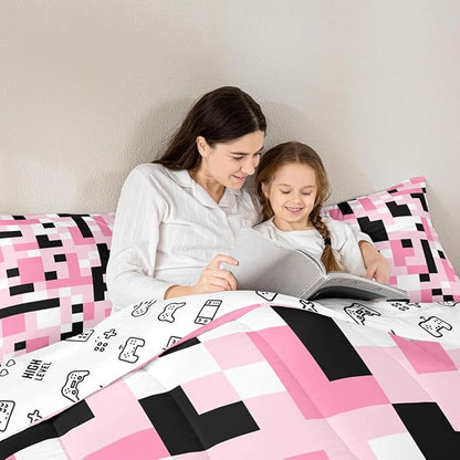 Manfei Pixelated Miners Kid Comforter Set Full Size,Video Game Game Gamepad Bedding Set,Boy Room Decor,Geometric Grid Square Quilt Comforter,Black Pink White Duvet Set Bedroom Quilt Set,2 Pillowcases