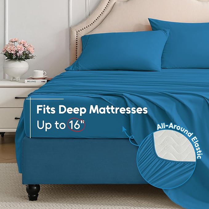 Full Size Bed Sheets Set, 4 Pieces Hotel Luxury Soft Microfiber Bed Sheets Set, Up to 16" Deep Pockets, Oeko-Tex Sheets with Elastic, Breathable, Wrinkle Free (Peacock Blue,Full)