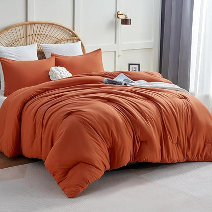 CozyLux Full Size Comforter Set Terracotta, 3 Pieces Burnt Orange Rust Solid Breathable Fall Bedding Sets, Luxury Lightweight Soft Bed Set with Down Alternative Comforter and 2 Pillowcases All Season