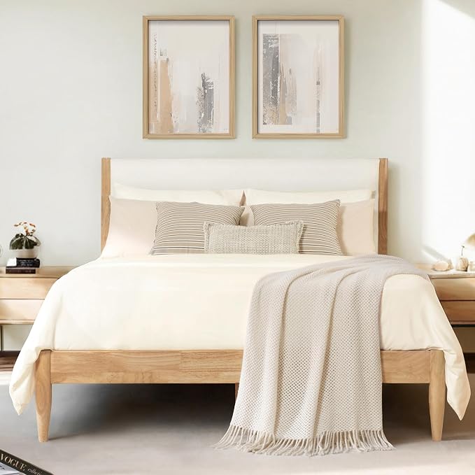 KISLOT Wood Bed Frame with Upholstered Headboard, Cream, Queen | Wooden Platform, Silent Slat Support, Mattress Foundation, No Box Spring Needed, Easy Assembly