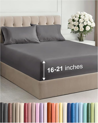 Extra Deep Pocket King Size Sheet Set - 4 Piece Breathable & Cooling Bed Sheets - Hotel Luxury Bedding with 16 to 21 inch Extra Deep Pockets - Soft, Fade and Wrinkle Resistant - Oeko-Tex - Dark Grey