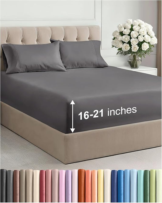 Extra Deep Pocket Full Size Sheet Set - 4 Piece Breathable & Cooling Bed Sheets - Hotel Luxury Bedding with 16 to 21 inch Extra Deep Pockets - Soft, Fade and Wrinkle Resistant - Oeko-Tex - Dark Grey