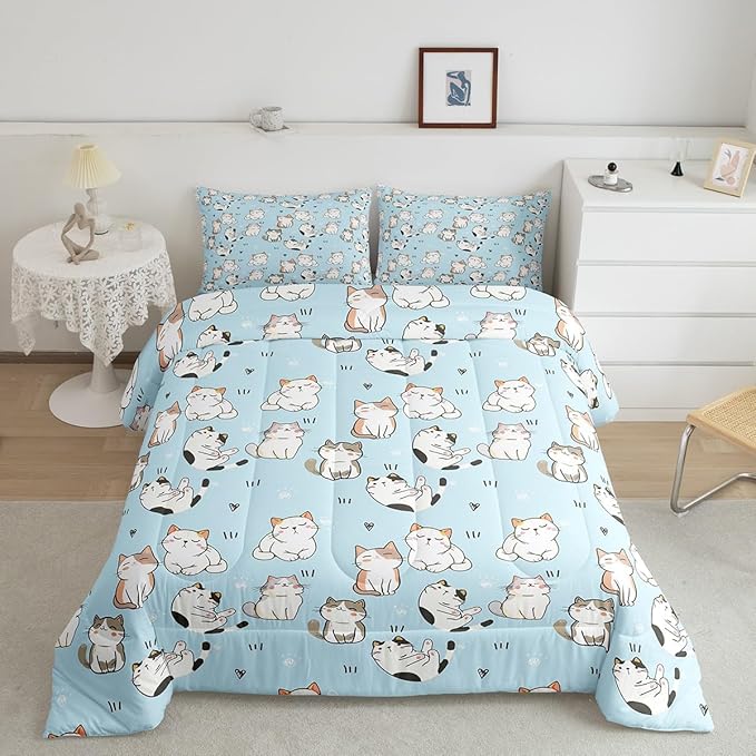 Erosebridal Cat Duvet Insert King, Kawaii Garfield Cat Bedding Set for Kids Boys Girls, Paw Print Love Heart Comforter Set, Cartoon Animals Soft Quilt 3 Pieces, Blue