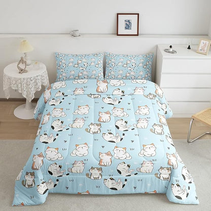 Erosebridal Cat Duvet Insert King, Kawaii Garfield Cat Bedding Set for Kids Boys Girls, Paw Print Love Heart Comforter Set, Cartoon Animals Soft Quilt 3 Pieces, Blue