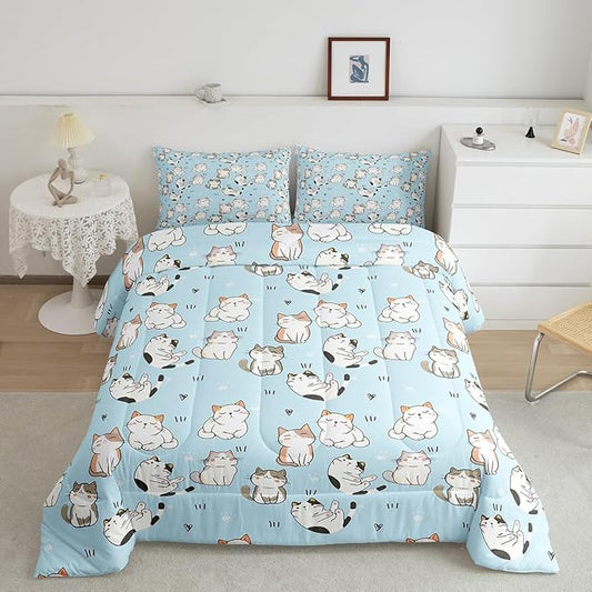 Erosebridal Cat Duvet Insert Queen, Kawaii Garfield Cat Bedding Set for Kids Boys Girls, Paw Print Love Heart Comforter Set, Cartoon Animals Soft Quilt 3 Pieces, Blue