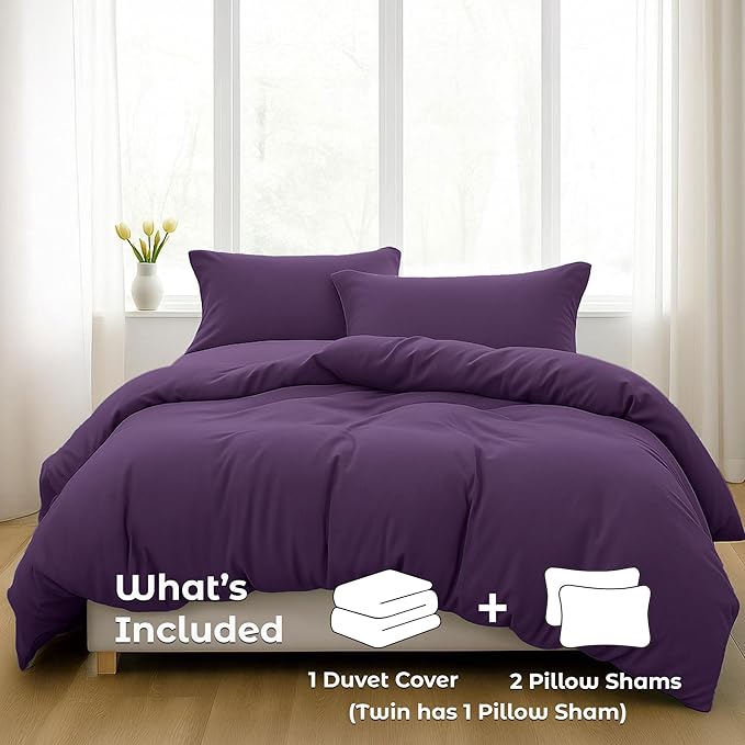 Pure Bedding Duvet Cover Full Size - 3 Pieces Extra Soft Bedding Set, Includes 1 Duvet Cover 80x90 Inches with Zipper Closure & 2 Pillow Shams, Comforter Not Included, Purple
