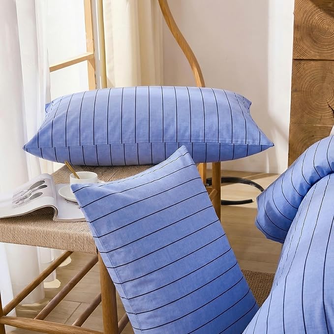 Merryword Blue Striped Duvet Cover Set King Size, 100% Cotton Denim Blue Bedding Set with Zipper Closure & 8 Corner Ties, Luxury Linen Like Bedding, Soft Breathable Comforter Cover for All Seasons