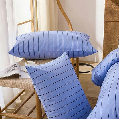 Merryword Blue Striped Duvet Cover Set Queen Size, 100% Cotton Denim Blue Bedding Set with Zipper Closure & 8 Corner Ties, Luxury Linen Like Bedding, Soft Breathable Comforter Cover for All Seasons