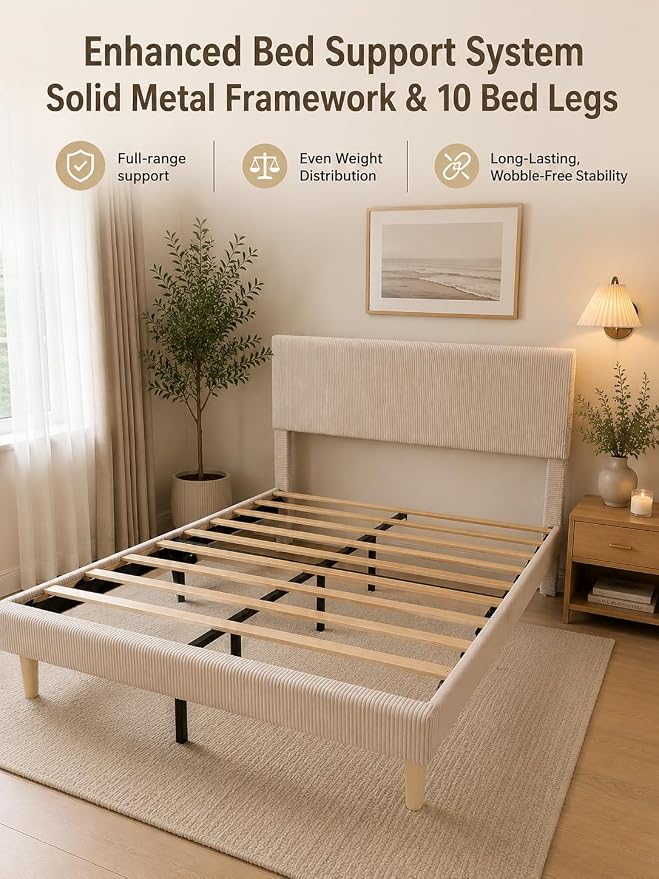 Bestier Queen Bed Frame with Headboard LED Lighting,Upholstered,Beige | Easy Assembly,LED Lighting Headboard,No Squeaks,Vertical Channel Corduroy Upholstered,Wood Slats Support,No Box Spring Needed