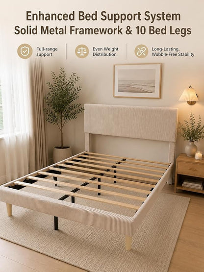 Bestier Queen Bed Frame with Headboard LED Lighting,Upholstered,Beige | Easy Assembly,LED Lighting Headboard,No Squeaks,Vertical Channel Corduroy Upholstered,Wood Slats Support,No Box Spring Needed