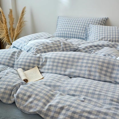LifeTB Blue Gingham Duvet Cover Twin 3 Pieces Blue White Plaid Checkered Comforter Cover 100% Washed Cotton Farmhouse Grid Bedding Set Breathable Gingham Plaid Duvet Cover Dorm Bedding Set