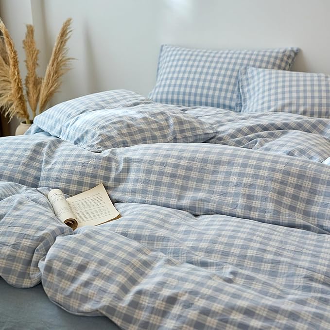 LifeTB Blue Gingham Duvet Cover Queen Size 100% Washed Cotton Plaid Checkered Comforter Cover Soft Breathable Blue White Grid Duvet Cover Farmhouse Gingham Bedding Set with 2 Pillowcases