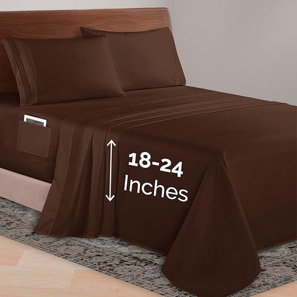 Elegant Comfort Luxurious 1500 Premium Hotel Quality Microfiber 4-Piece Sheet Set, 18-24 Inches Deep - Extra Deep Pocket Sheets - Ultra Soft 4PC Deep Pocket Sheets, King, Chocolate Brown