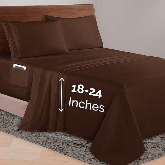 Elegant Comfort Luxurious 1500 Premium Hotel Quality Microfiber 4-Piece Sheet Set, 18-24 Inches Deep - Extra Deep Pocket Sheets - Ultra Soft 4PC Deep Pocket Sheets, King, Chocolate Brown
