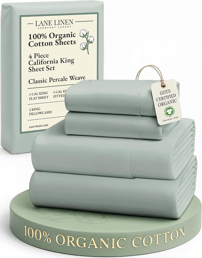 LANE LINEN 100% Organic Cotton California King Sheets Set, Soft & Comf Low Pill Fade Resistant Mercerized Cotton Fully Elasticized Cal King Sheets, Fits Mattress Upto 15" Deep -Cool Blue