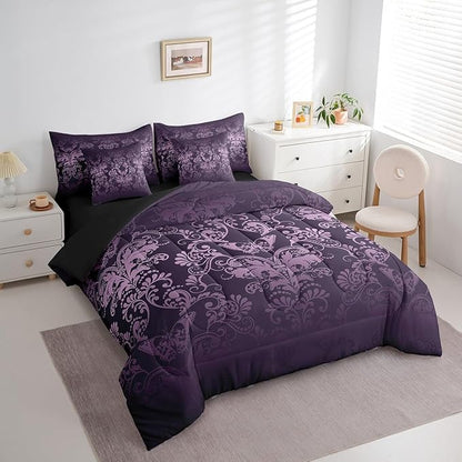 Erosebridal Gothic Damask 7 Piece Comforter Set Full Bed in a Bag,Butterfly Skull Bedding Sets Purple Victorian Floral Goth Sheet Set with Comforter