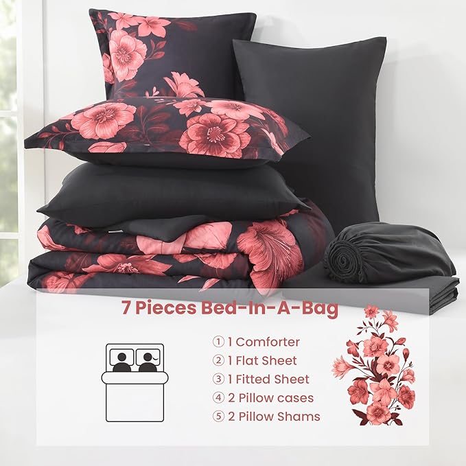 Floral Comforter Set Queen Size, 7 Piece Black Bed in a Bag, Elegant Flower Pattern Comforter Set with Sheet, Soft Microfiber Complete Bedding Sets for All Season