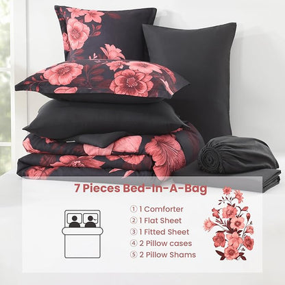 Floral Comforter Set Queen Size, 7 Piece Black Bed in a Bag, Elegant Flower Pattern Comforter Set with Sheet, Soft Microfiber Complete Bedding Sets for All Season