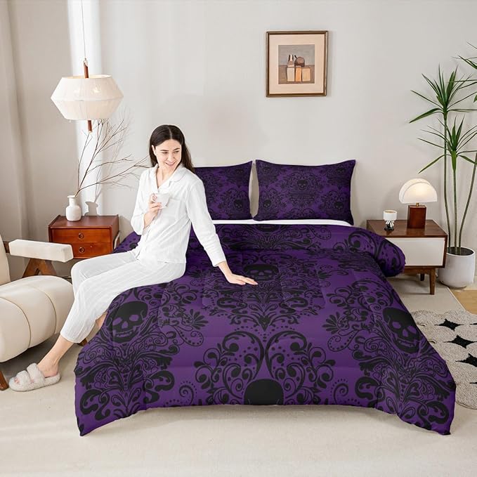 Feelyou Adults Gothic Skull Bedding Set Twin Size Kids Damask Print Comforter Goth Bohemian Duvet Breathable Soft Lightweight Microfiber Black Purple Room Decor with 1 Pillowcase