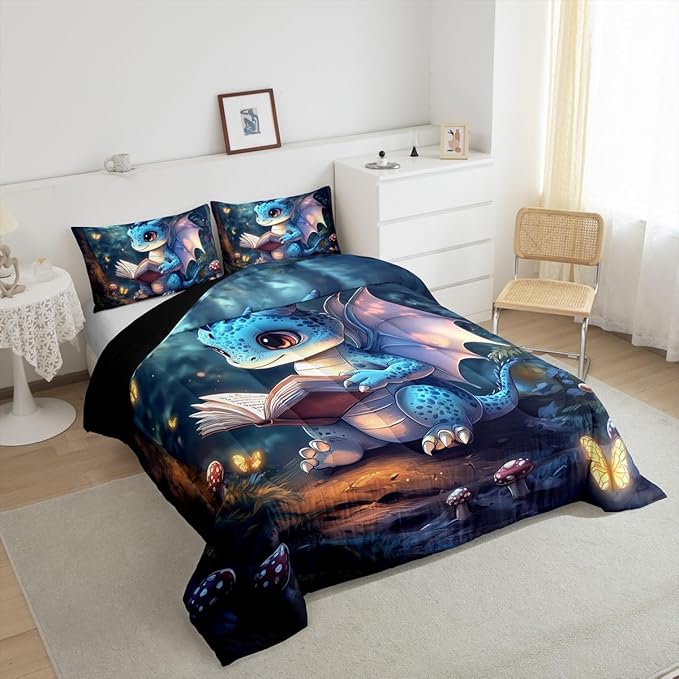 3D Cartoon Dragon Bedding Set Twin Size Western Fairy Tale Comforter for Child Teens Sparkling Pink Butterfly Down Comforter Mysterious Jungle Duvet Insert with 1 Pillowcase