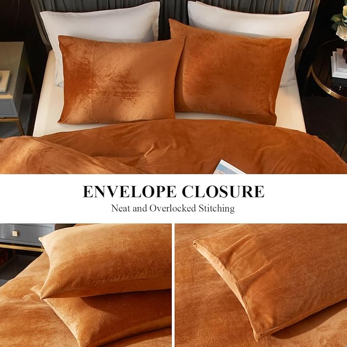 Ivellow Velvet Duvet Cover King Set Burnt Orange Velvet Duvet Cover King Comforter Cover 3Pcs Ultra Soft Duvet Cover Breathable Solid Luxury Flannel Velour Duvet Cover Zipper Closure Corner Tie
