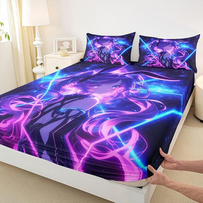 Erosebridal 3D Anime Twin Bed Sheets Japanese Girl Fitted Sheet,Girly Galaxy Stars Kids Bedding Sets Purple Neon Sheets with 1 Pillowcase