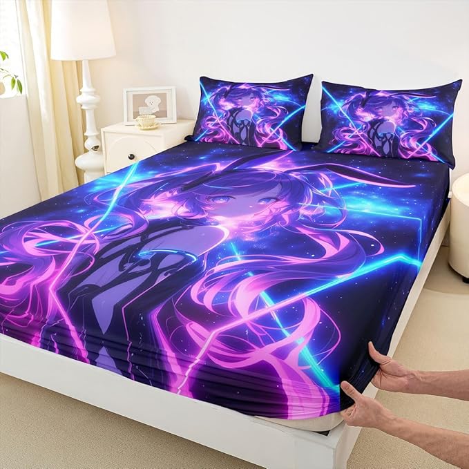 Erosebridal 3D Anime Queen Bed Sheets Japanese Girl Fitted Sheet,Girly Galaxy Stars Kids Bedding Sets Purple Neon Sheets with 2 Pillowcases