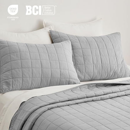 EVERGRACEHOME 100% Cotton Box Stitch Quilt Bedding Set King Size 3 Pieces, Garment-Washed Lightweight Soft Cozy Coverlet, Oversized Quilted Bedspread Sets with 2 Shams for All Season, Fog Gray