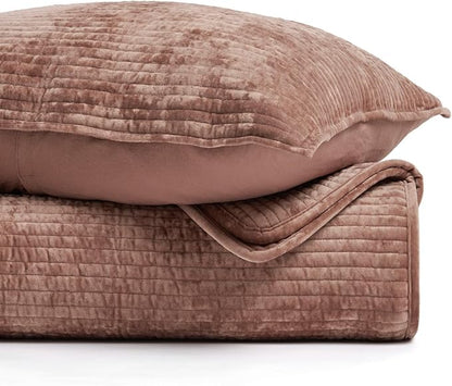 EVERGRACE Velvet Quilt Set Queen Size, Luxurious Soft Quilted Bedding Sets, Lightweight Velvet Comforter for All Season, Striped Channel Bedspread Coverlet with 2 Shams, Terracotta Clay