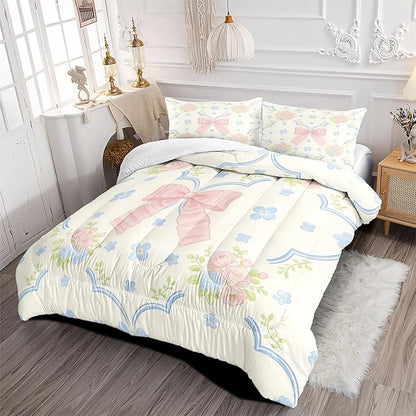 Teens Pink Blue Flowers 3-Piece Comforter Set for Girls, King Size Pink Bow Bedding Sets with Blue Floral, Bed Set for All Season Includes 1 Comforter 104"x90" and 2 Pillowcases