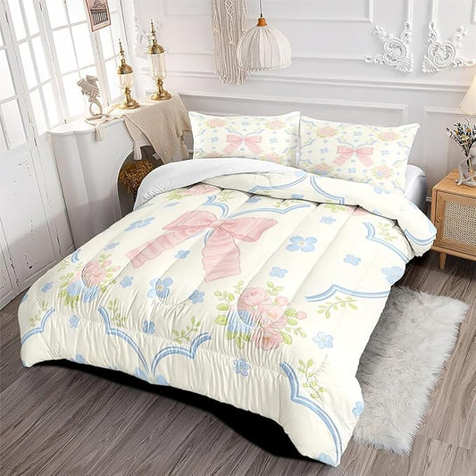 2Pcs Girls Twin Size Botanical Flowers Comforter Set, Teens White Pink Bows and Blue Floral Bedding Sets, 100% Washed Microfiber, All Season with 1 Comforter 68"x 90" and 1 Pillowcase