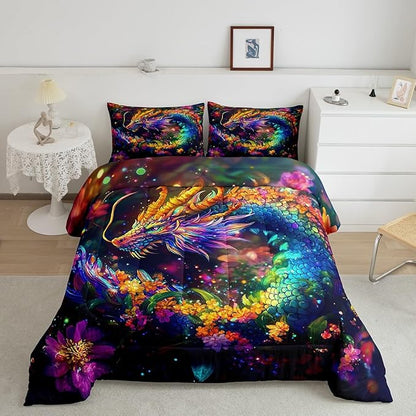 Feelyou Dragon Comforter Set Twin Size Flower Dragon Comforter for Boys Girls Teens Wild Life Bedding Set Dragon Decor Duvet Set Room Decor Clorful Quilt Set