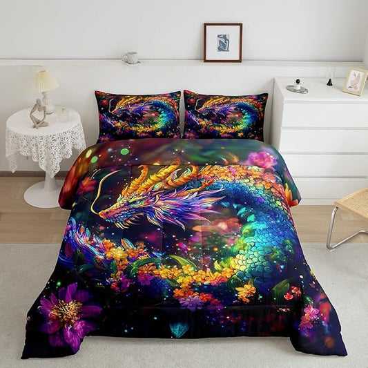 Feelyou Dragon Comforter Set Twin Size Flower Dragon Comforter for Boys Girls Teens Wild Life Bedding Set Dragon Decor Duvet Set Room Decor Clorful Quilt Set